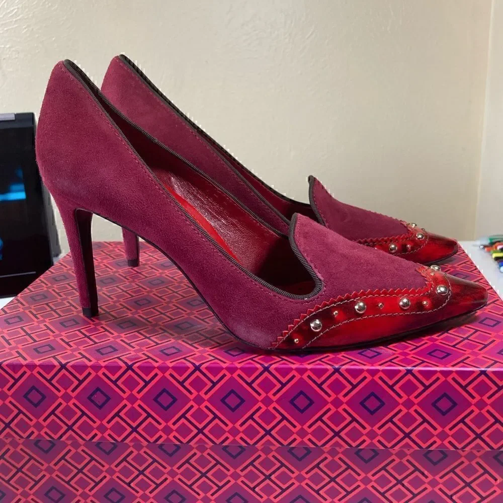 TORY BURCH Red Suede Leather Gold Studded Women’s Pumps Gothic Victorian 7.5 NiB